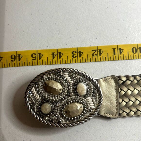 Chico's Leather Braided Rhinestone Studded Leather Buckle Belt Womens Designer - Picture 6 of 6